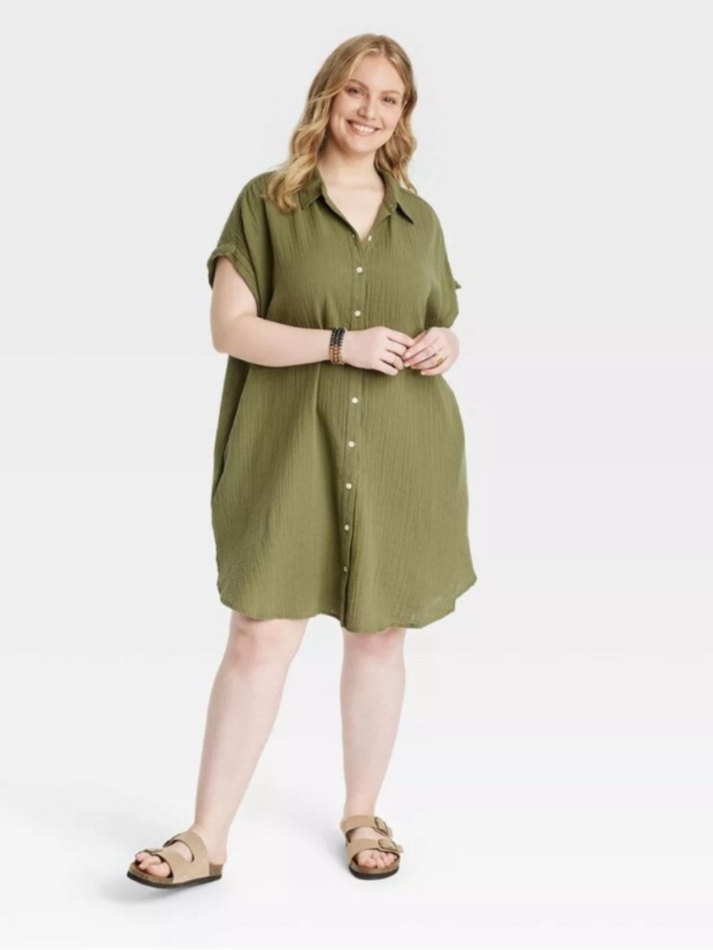 Universal Thread Olive Green Button-Down Collared 100% Cotton Midi Dress Size XL